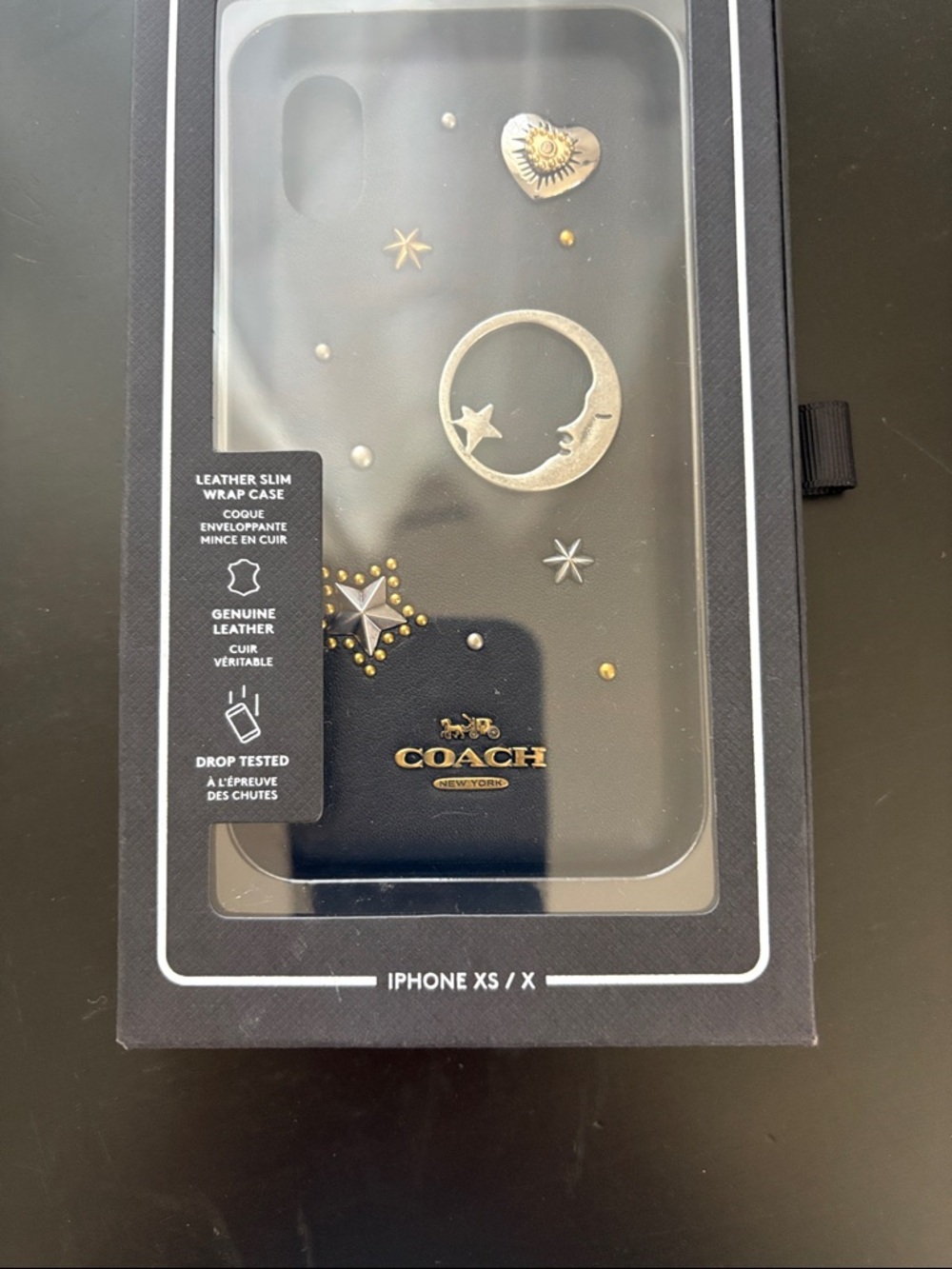 Coach Black Leather iPhone XS/X Case with Gold & Silver Star Accents